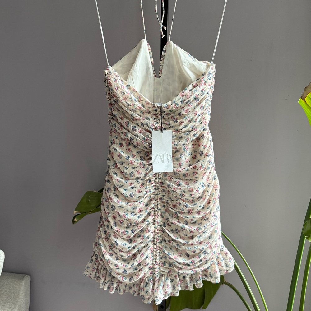 ZARA Metallic Floral Ruched Halter Mini Dress women’s XS NWT - Picture 14 of 15